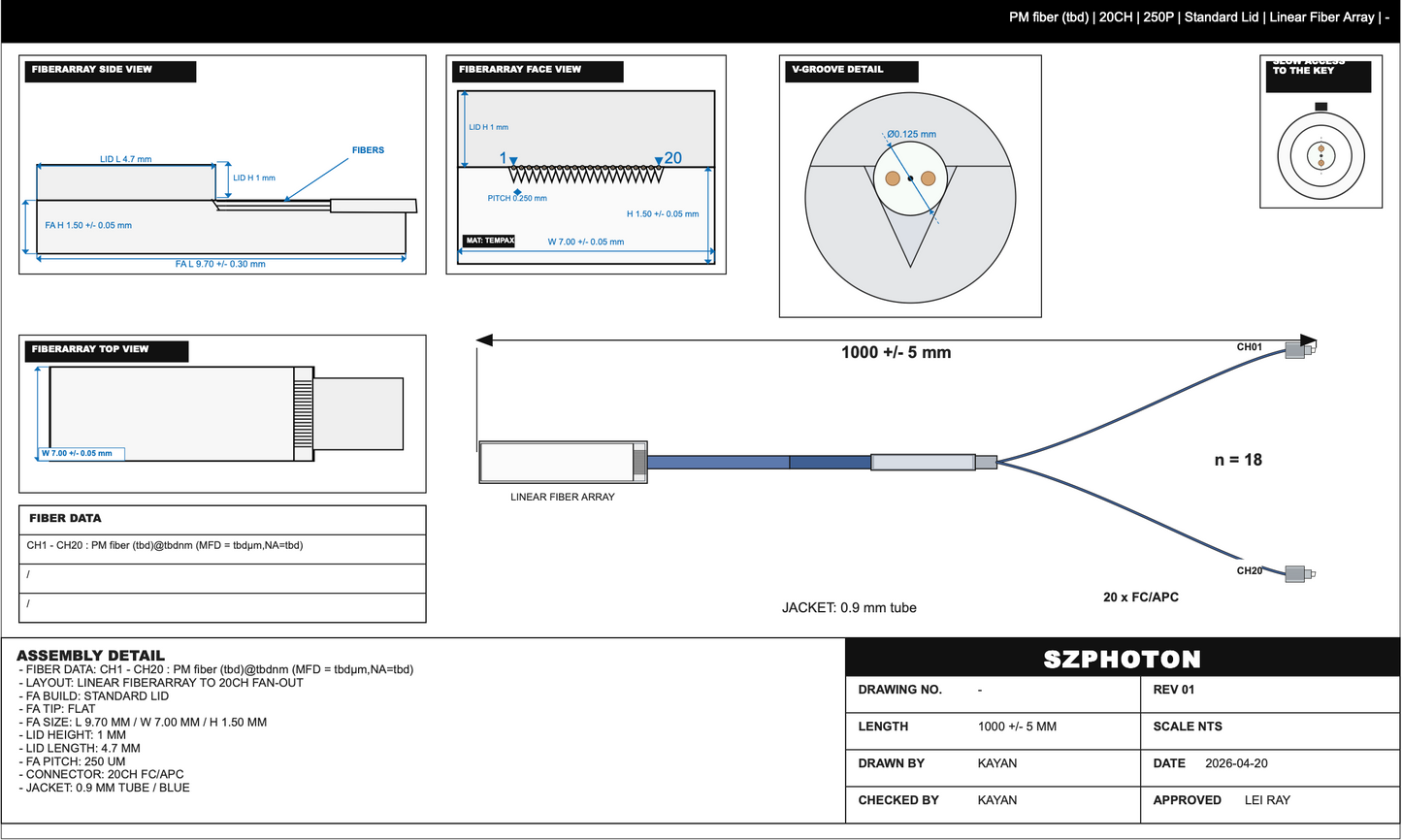 20 Channel Polarization Maintaining Fiber Array (20CH - PMFA)